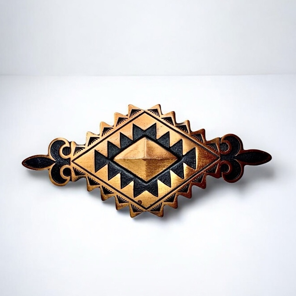 Vintage Geometric Copper Brooch Pin Diamond And Fluer De Lis